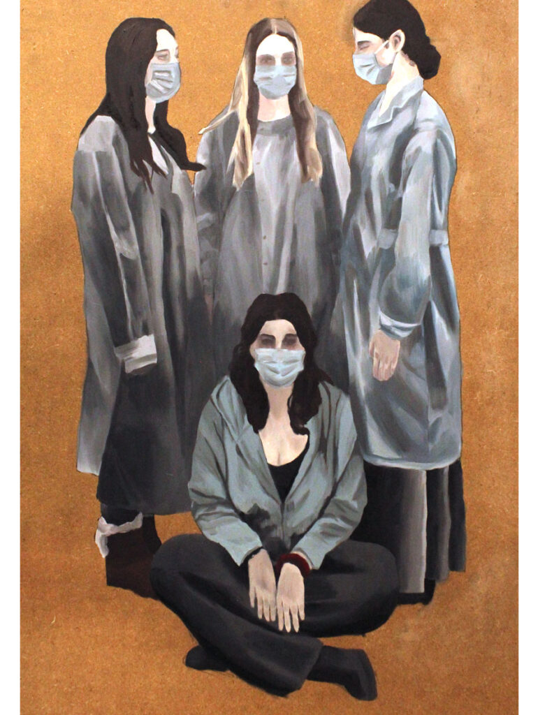 A painting featuring four women wearing masks, three of the women surround the forth as they sit on the floor looking at the viewer