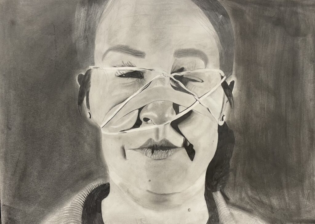 A pencil drawing of a woman with elastic bands wrapping and distorting her face