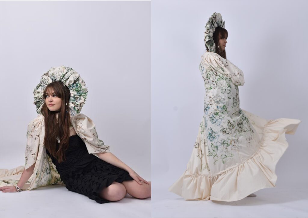 Woman with long dark hair in a floral robe and wide-brimmed headdress posing in two different angles.