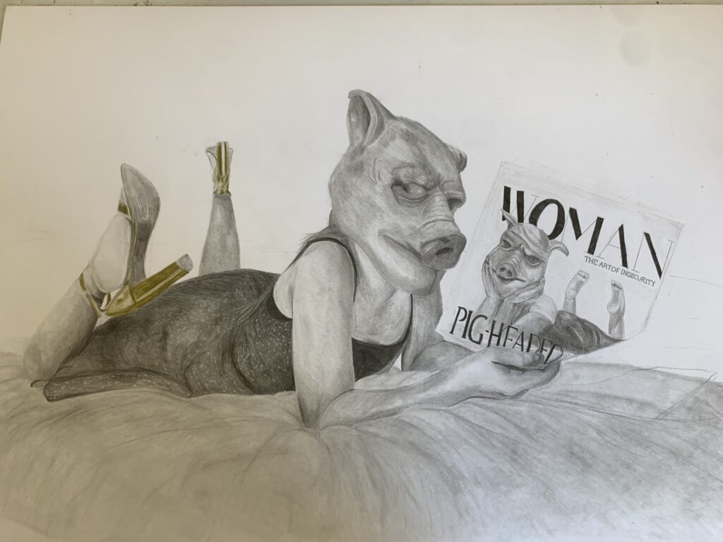 A woman with a pig head rest on a bed wearing gold high heels and a black dress, she is reading a magazine called WOMAN with the tag line "pig headed"