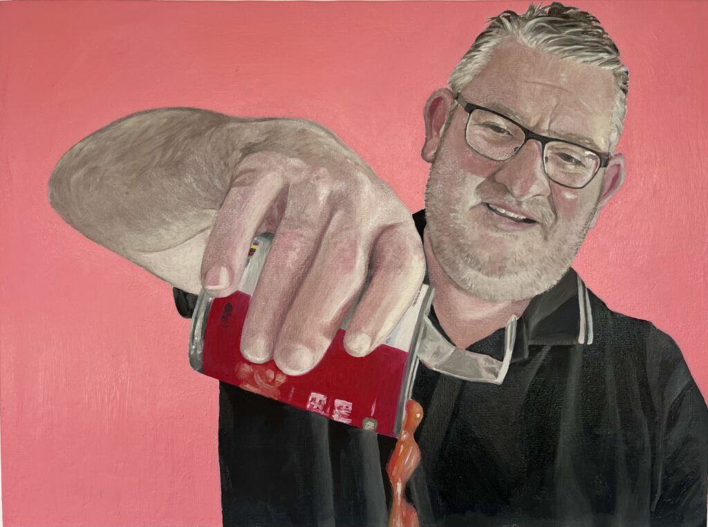 A portrait of an older man pouring a tin of baked beans in a painting.