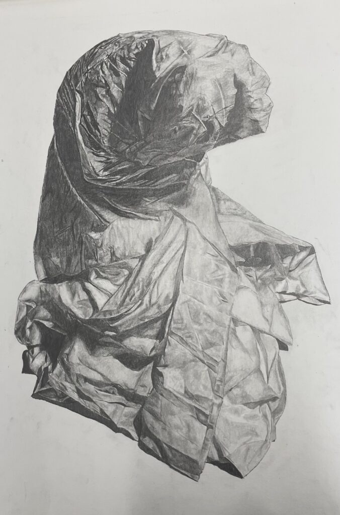 A pencil drawing of a supposed human form wrapped in fabric