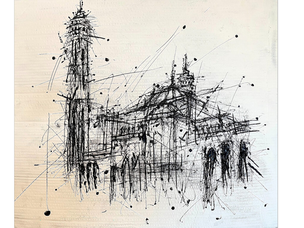 An expressive illustration in black ink on a white background of a mosque surrounded by individuals