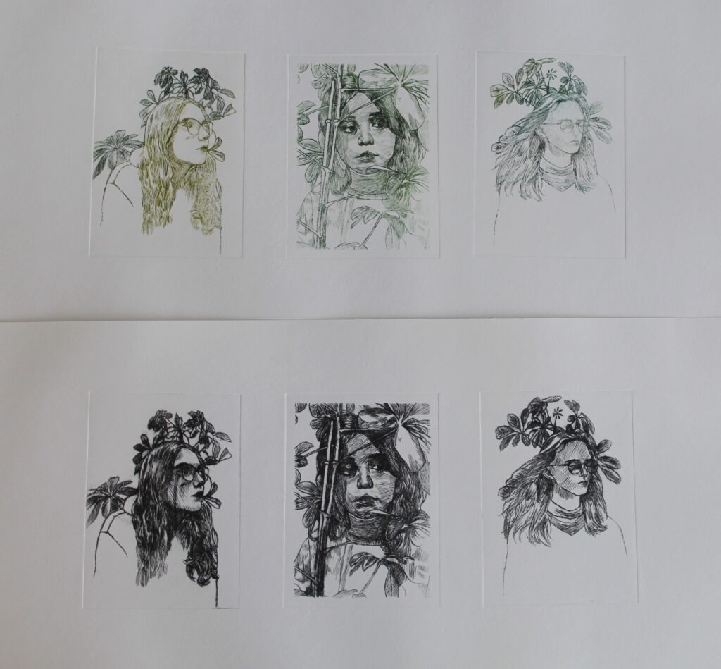 Three illustrations of women with floral embellishments in black ink
Above them the same illustrations in green ink and slightly faded 