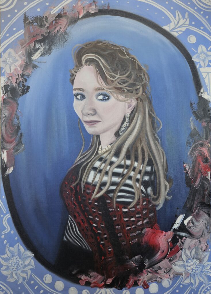 A painting of a woman with long blond hair looking over her shoulder, wearing a black and white patterned dress.