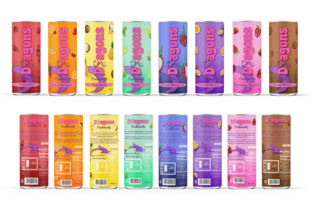 Assorted cocktail cans called Dragons in various colours/ flavors