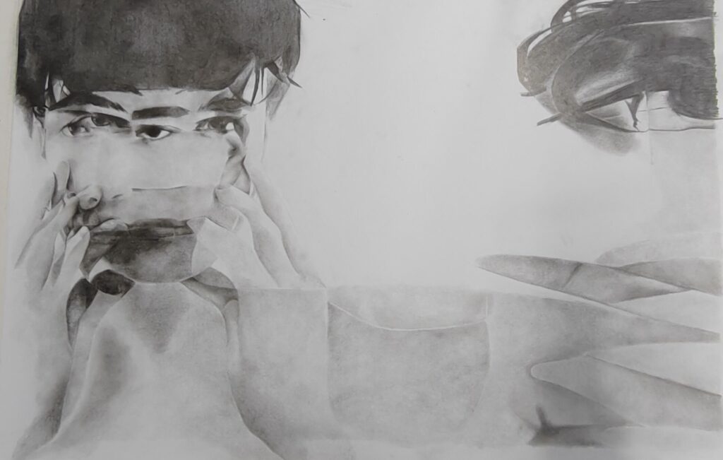 Pencil drawing of distorted image of a person with dark hari