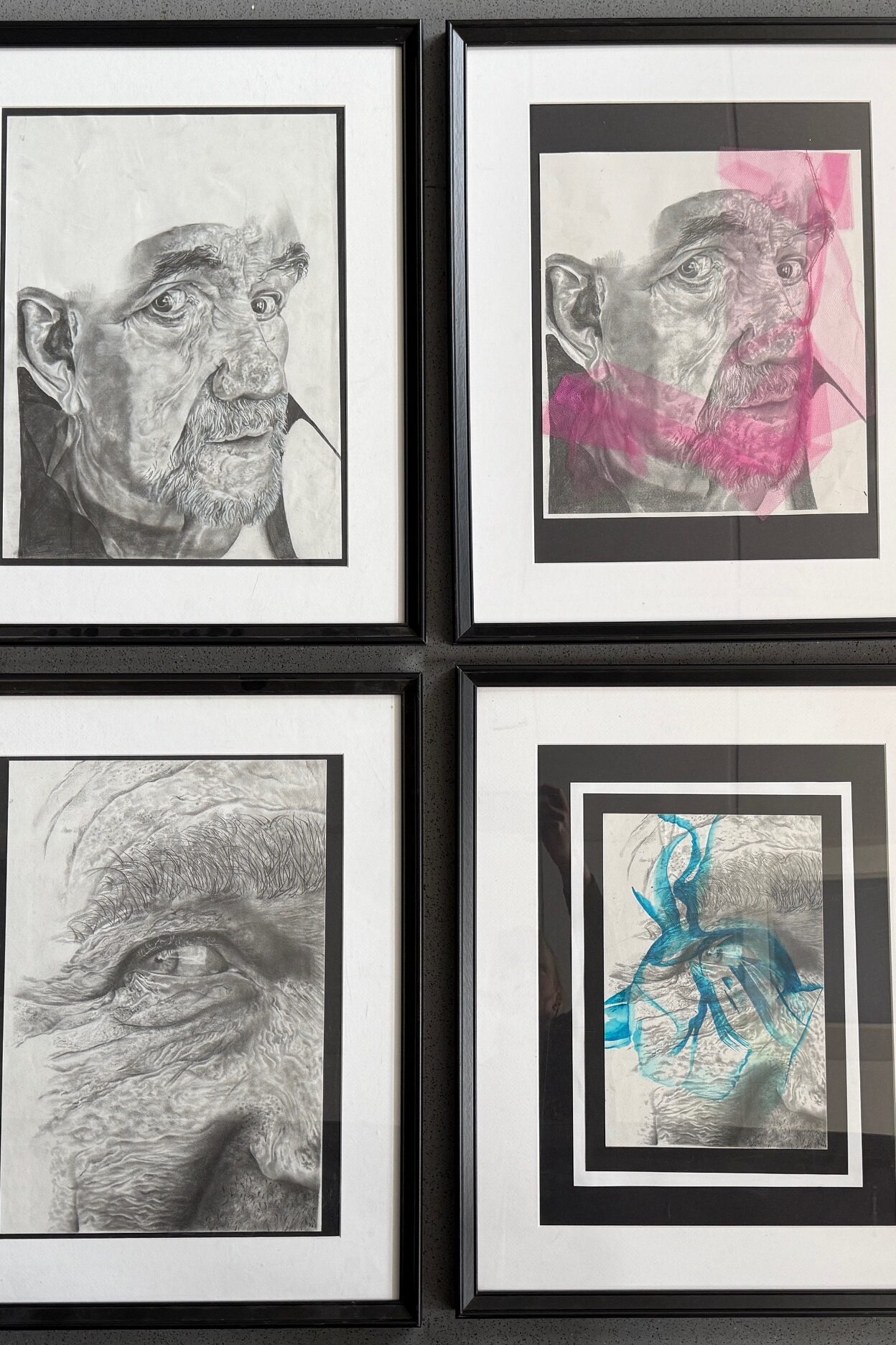 Pencil drawing's of a male portrait's, combined with netting and ink, using mixed materials to create layered visual elements.
