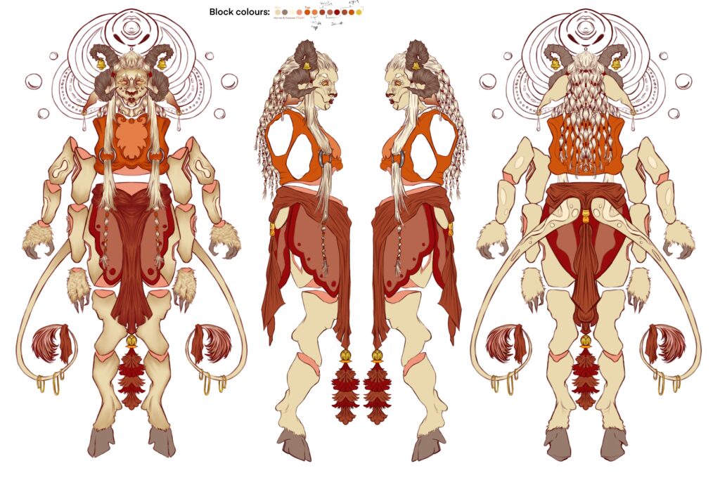 Updated Alt Text:
A digital character design sheet showing front, side, and back views of a humanoid creature with horns, hooves, and layered clothing in neutral and red tones.