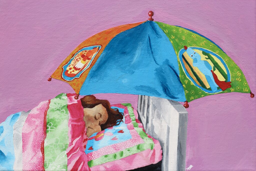 A colourful painting of a girl sleeping in bed, covered by a colourful umbrella with illustrations.