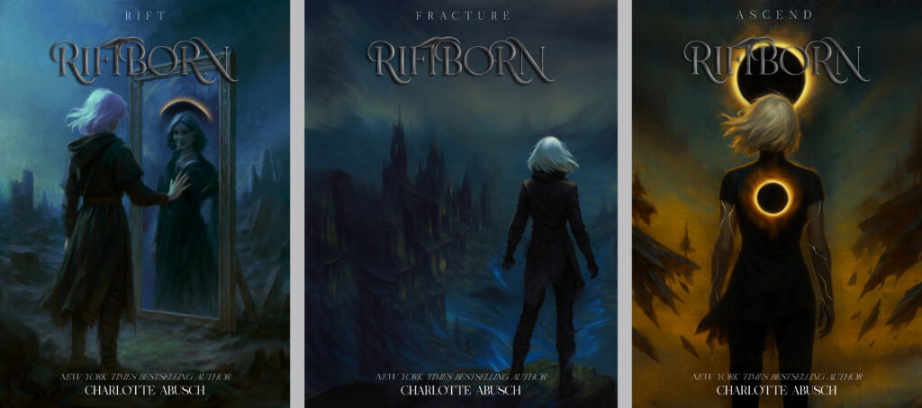 Three digital fantasy book covers from “The Riftborn Trilogy” featuring a silver-haired figure in moody landscapes, interacting with cosmic and mystical elements.