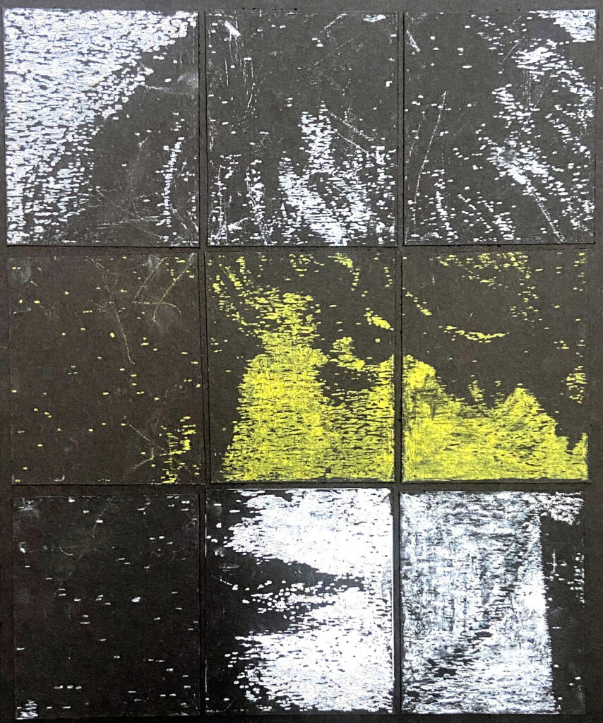 A monochrome oil print portrait of a woman, divided into panels, featuring high-contrast yellow and white markings on a black background.
