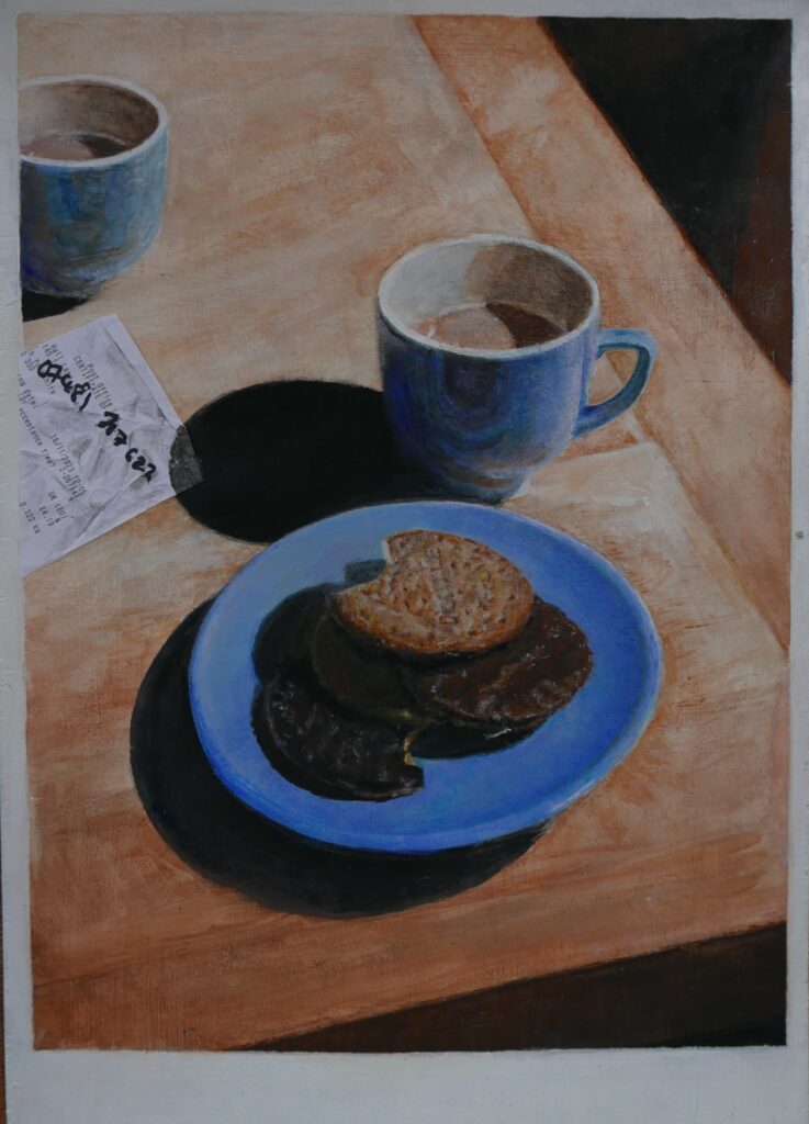 An acrylic painting of a
table scene with blue cups and biscuits on a plate, accompanied by a collaged receipt.