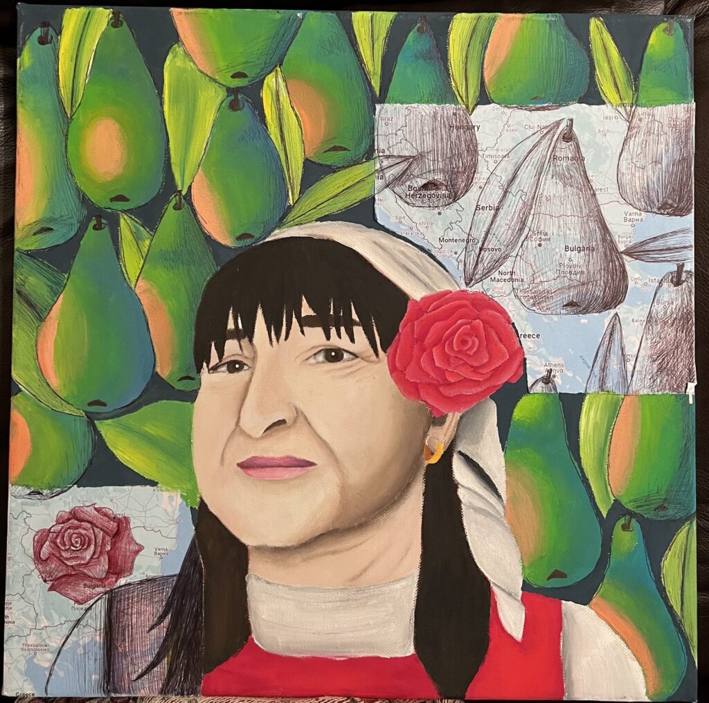 A portrait painting combining a map collage background with fruit imagery and a woman wearing a red rose and beige headscarf.