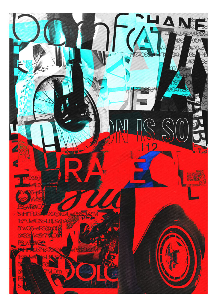 A mixed media and digital composition combining text, bicycle parts, and graphic shapes in bold red, black, and blue tones.
