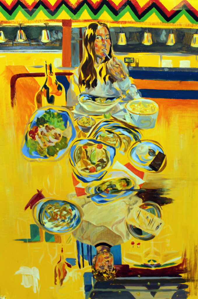 A mixed media painting of a woman eating at a table filled with food, with a mirrored reflection at the bottom of the piece.