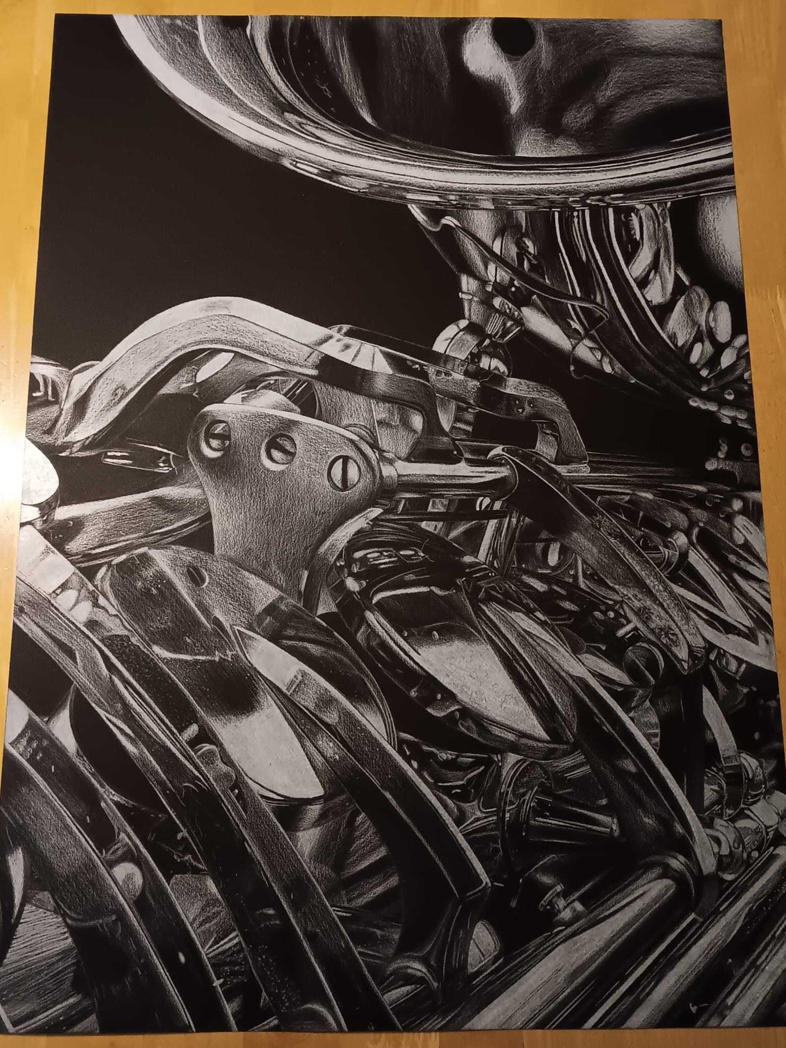 A detailed white pencil drawing on black paper, showing a close-up of a saxophone, with reflections.