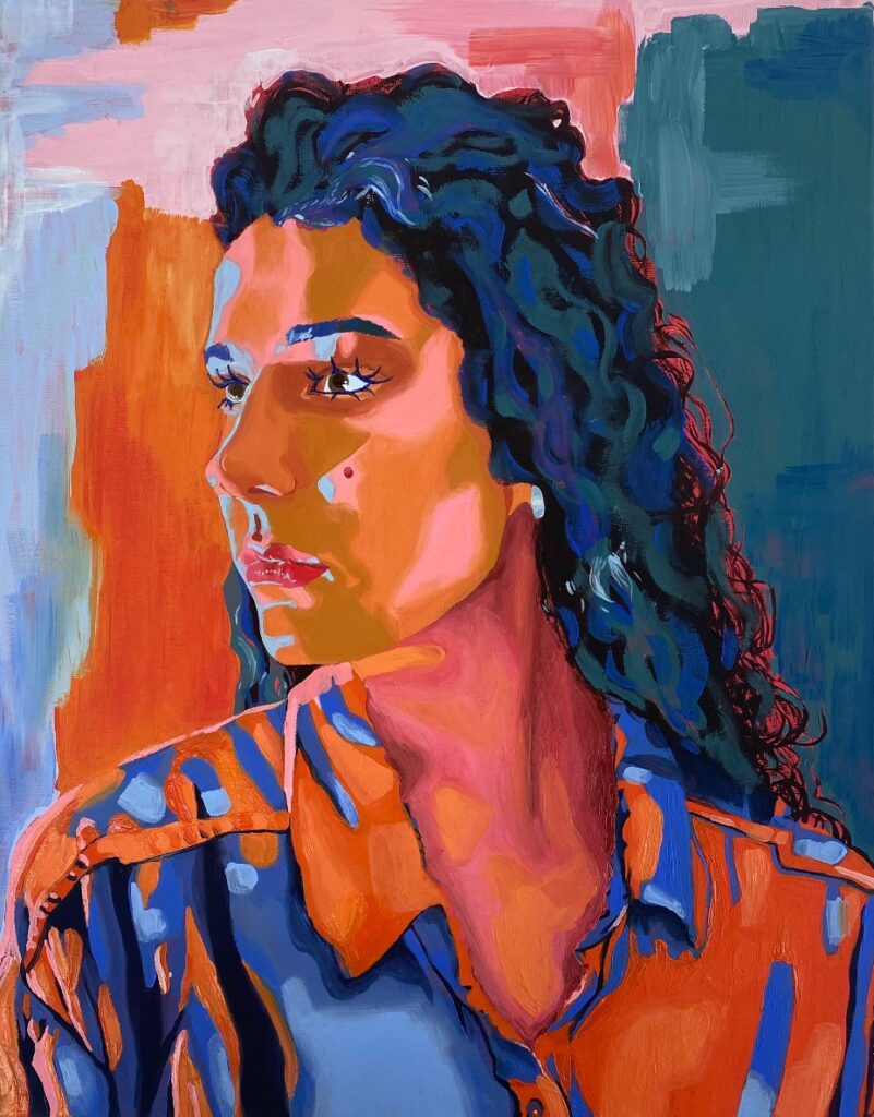 A bold, colourful oil portrait of a woman gazing left, her features rendered in hues of orange, blue, and pink.