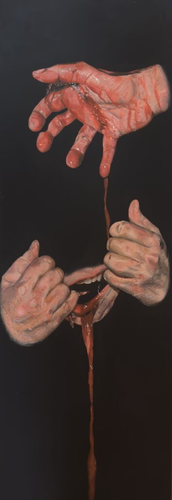 An acrylic painting showing a pair of hands opening a mouth while a red substance pours out, set against a black background.