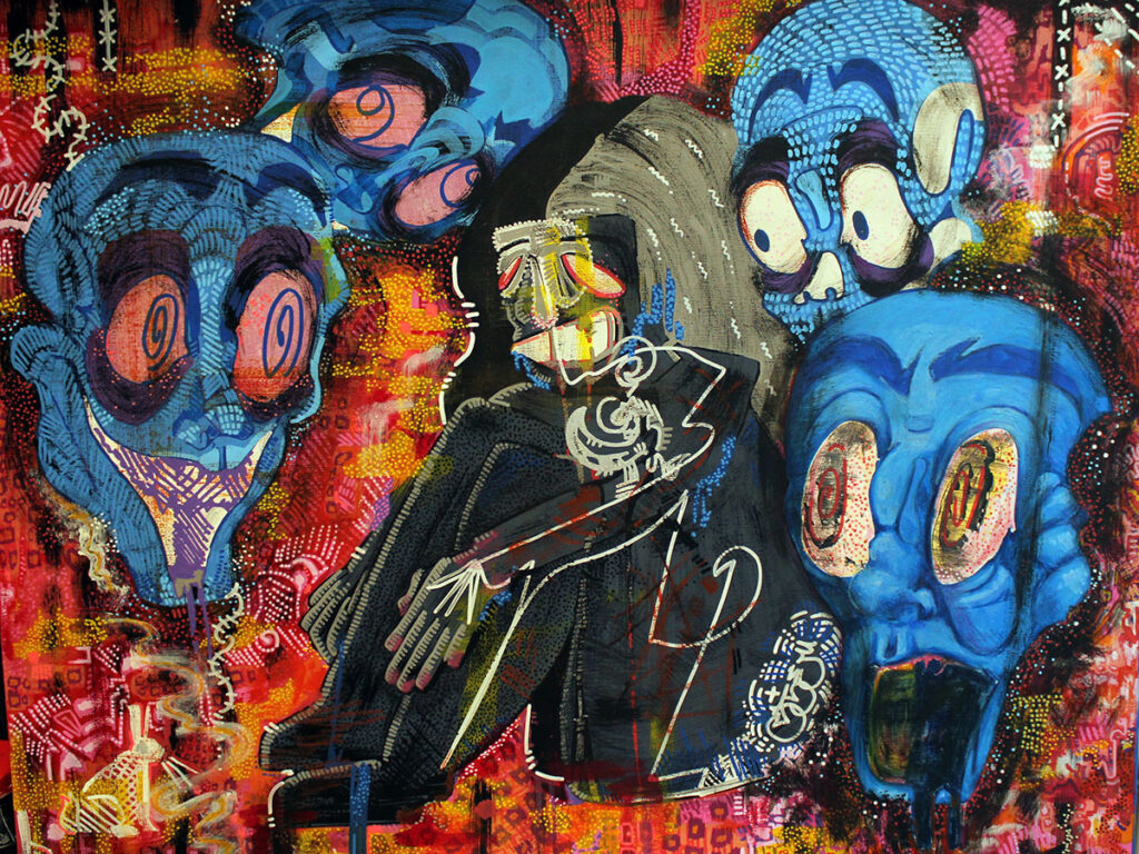 A colourful painting of a dark figure seated in an energetic environment, surrounded by large expressive blue heads and bright, patterned mark-making.
