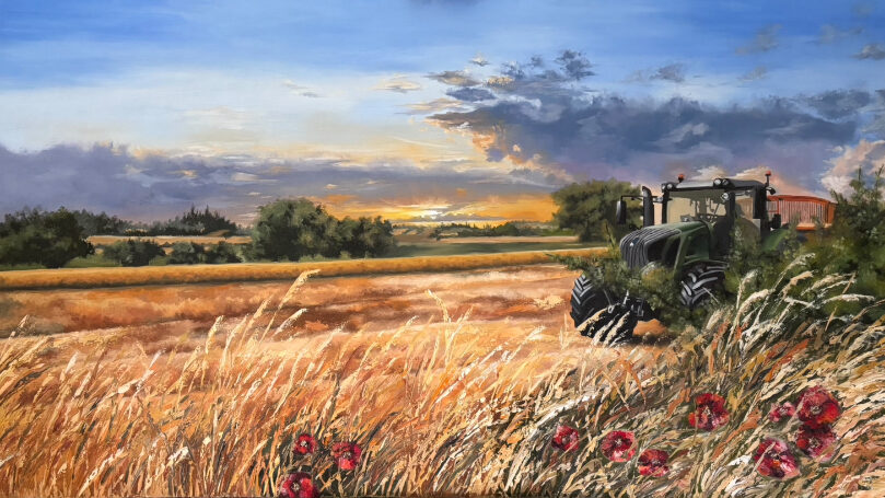A landscape painting showing a tractor in a golden field at sunset, with tall grasses and red poppies in the foreground.