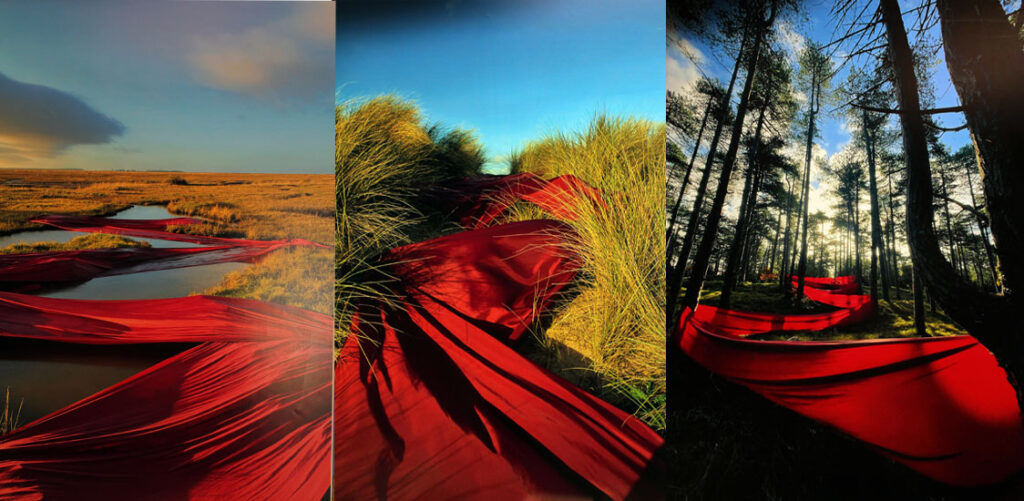A set of three photographs showing a bright red fabric ribbon installed across natural landscapes including wetlands, grassland and forest.