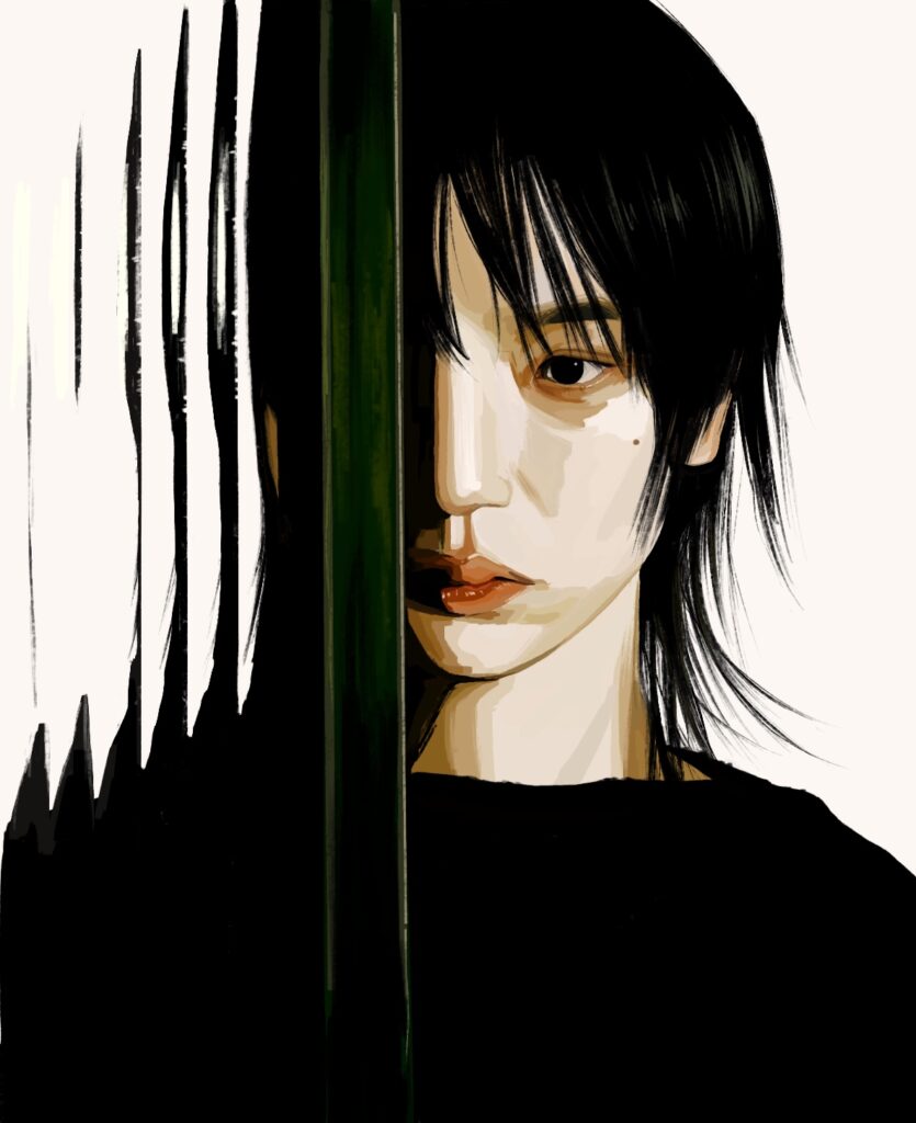 A digital portrait of a person with long black hair, partially obscured by a vertical green bar.
