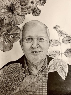 A graphite-pencil portrait of an older man surrounded by intricately drawn leaves and flowers.