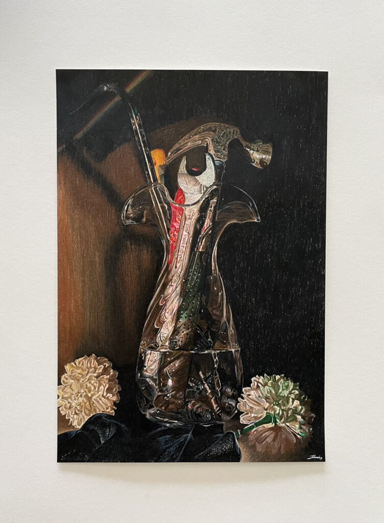 A detailed coloured pencil drawing of a torso-shaped toolkit surrounded by pale artificial flowers.