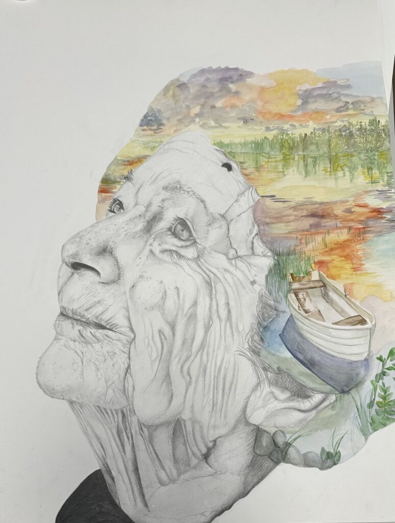A drawing of an elderly woman's face in pencil, combined with watercolour imagery of a boat and lake landscape within the outline of her head.