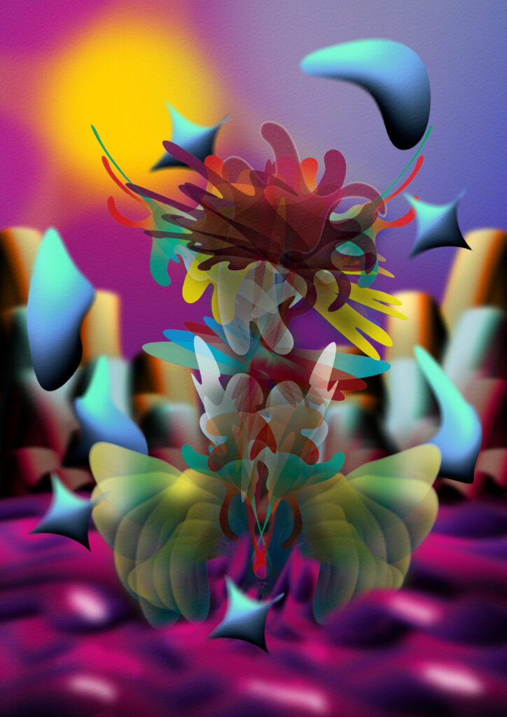A digital artwork showing layered, fluid abstract shapes in vibrant colours set against a surreal background.