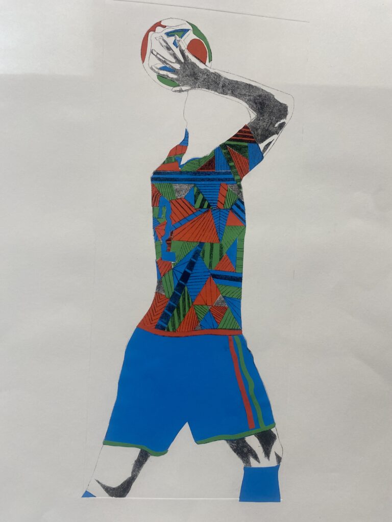 An etching and collage of a headless footballer in mid-throw, with bold geometric patterns and block colours filling the shirt and shorts.