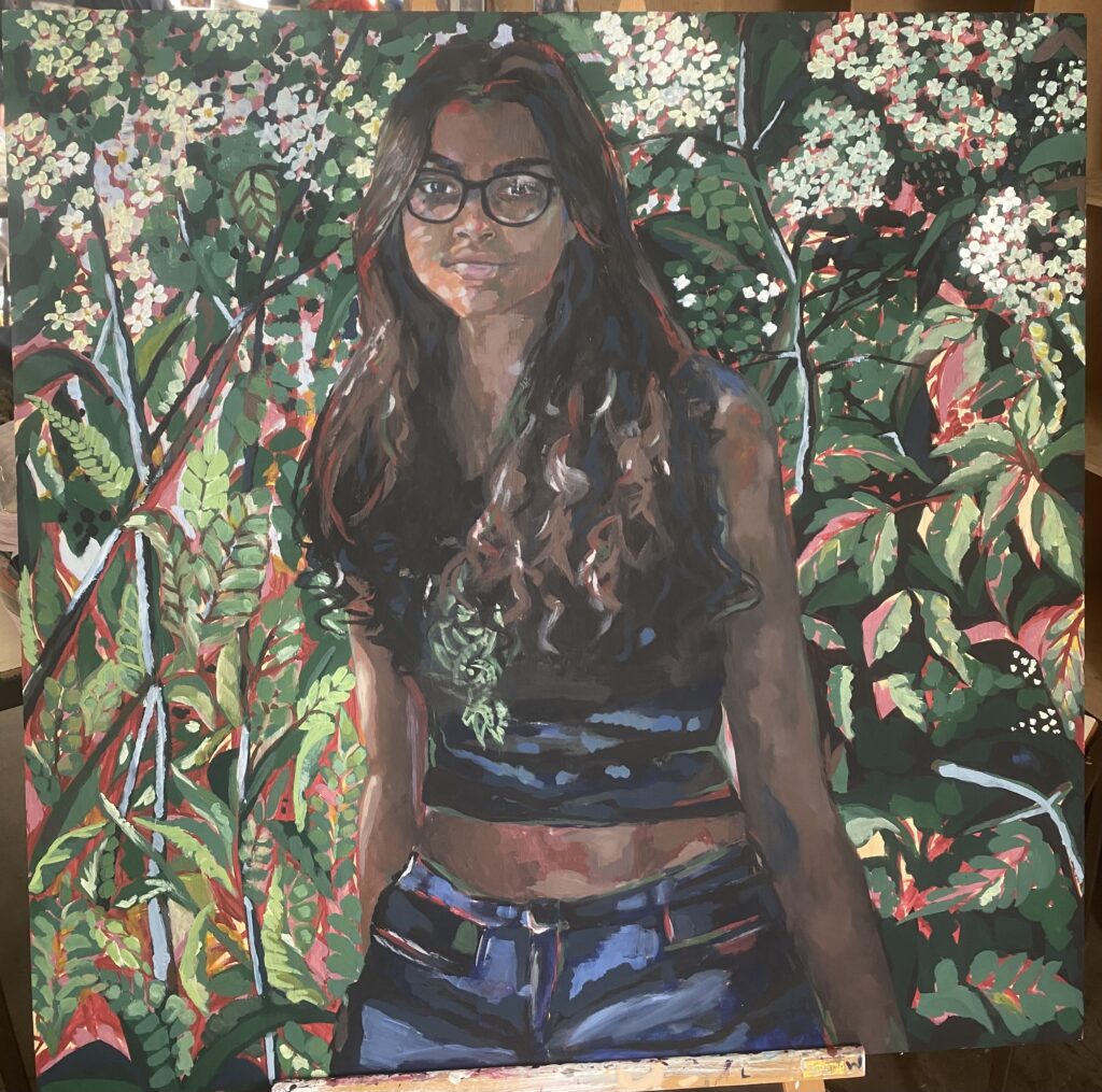 A portrait of a young woman wearing glasses, painted in rich, natural tones, set against a backdrop of leafy plants and blossoms.
