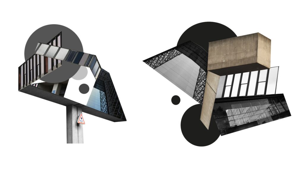 A digital collage combining cut-out architectural elements with simple geometric shapes for a modern, graphic look.