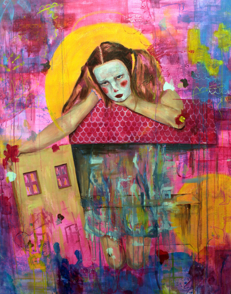 An expressive mixed media painting of a girl leaning on a house-shaped form, set against a vibrant pink and yellow background with layered textures and mark-making.