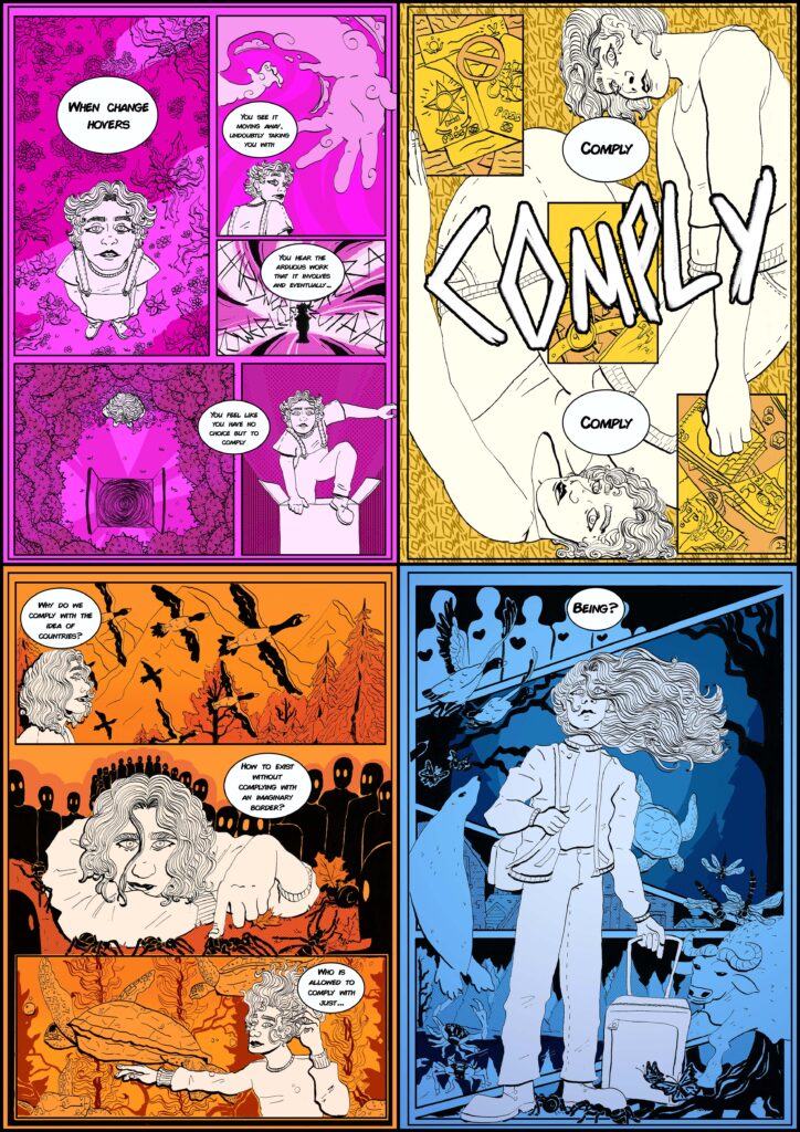A comic-style digital illustration in four coloured panels, featuring a central character navigating different environments and accompanying dialogue.