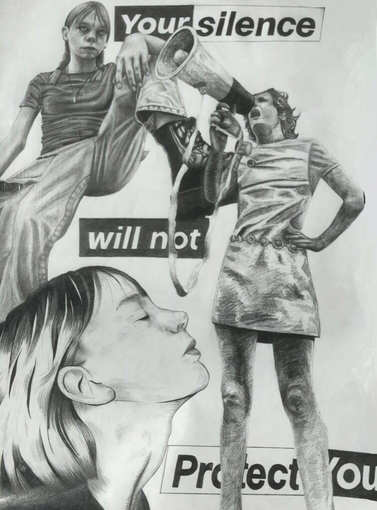 A pencil drawing collage of women in different poses, arranged around a bold protest slogan.
