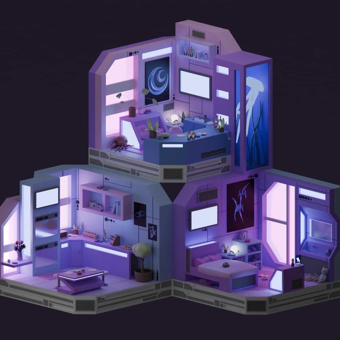 A digital 3D model showing stylised interior rooms, lit in purple and pink tones with subtle sci-fi elements.