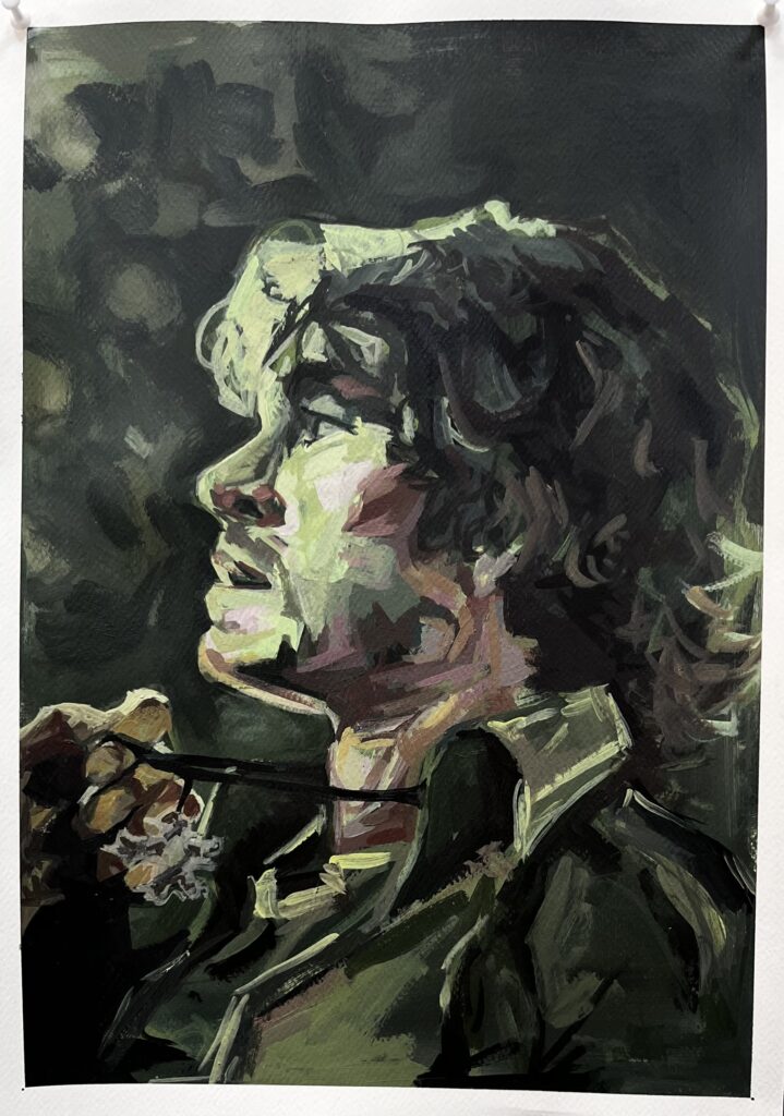 An acrylic painting showing a side view of a person, using green tones and expressive brushwork across the face and background.