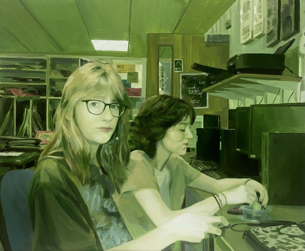 An oil painting on canvas showing two young people seated in a classroom, lit with a green tone.