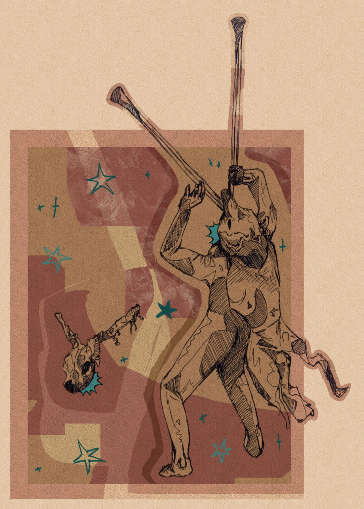 A digital collage of a pen drawing showing a character holding two long horns, surrounded by bold outlines and stars.