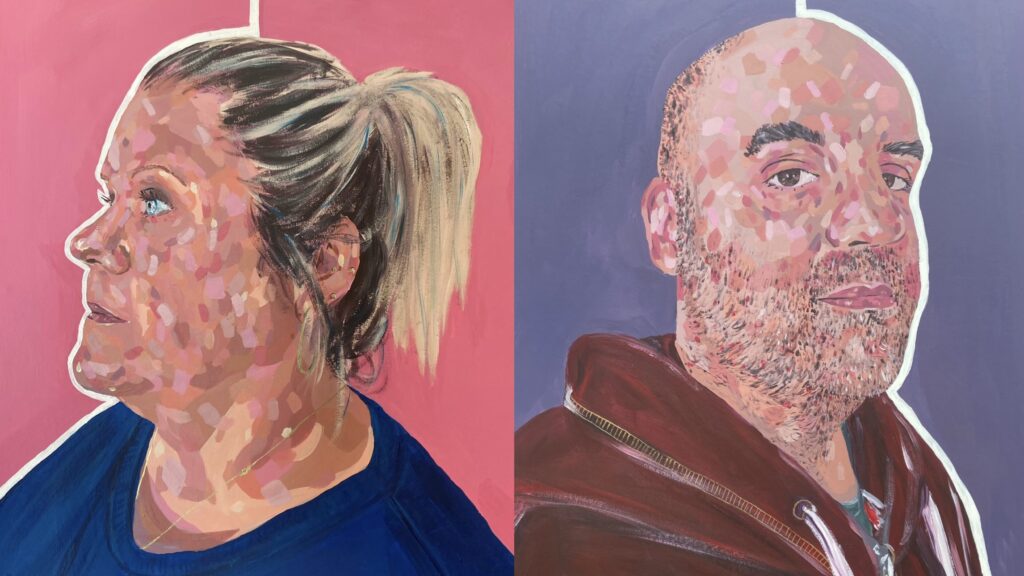 Two side-by-side acrylic painted portraits of a woman and man, made up of small colourful patches on flat backgrounds.