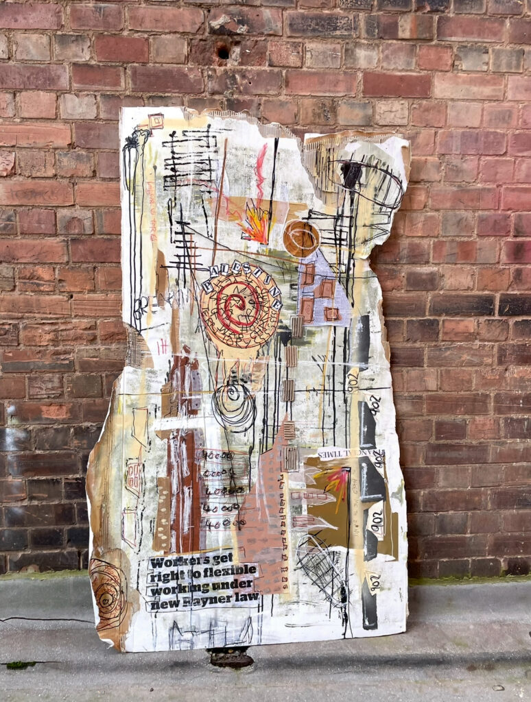 A large mixed media piece combining collage, paint, and fine liner, featuring layered textures, headlines, symbols and marks on a torn paper surface.