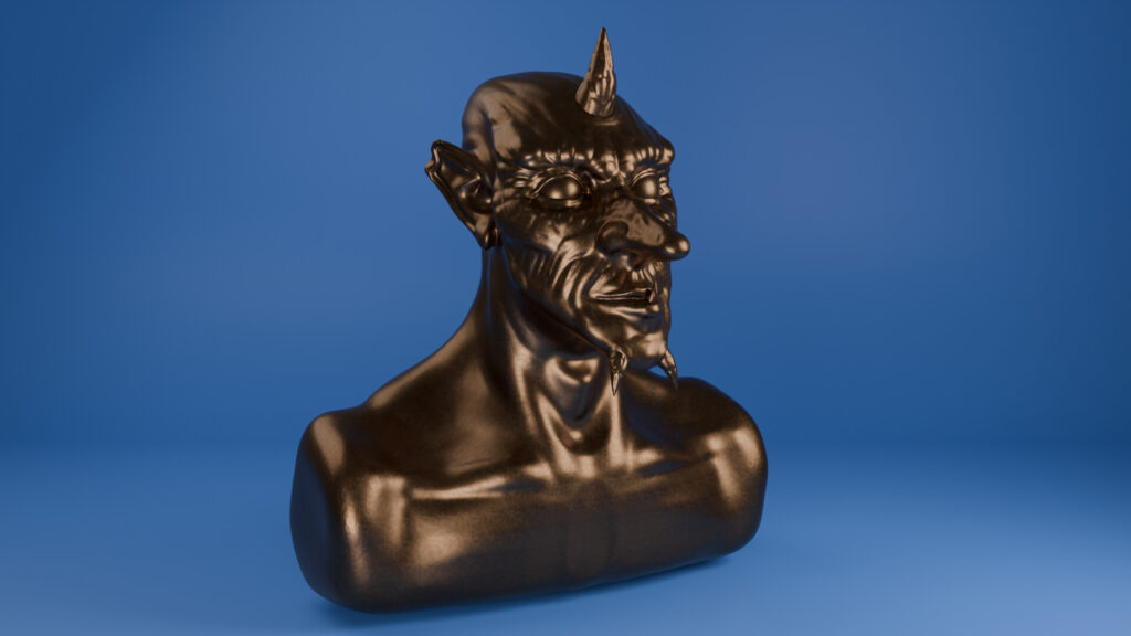 A bronze digital rendering of a horned goblin bust with a blue background.
