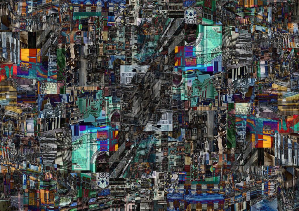 A dense digital collage tracing a journey through Macau, layering architecture, symbols and street scenes into a fragmented map of memory and place.