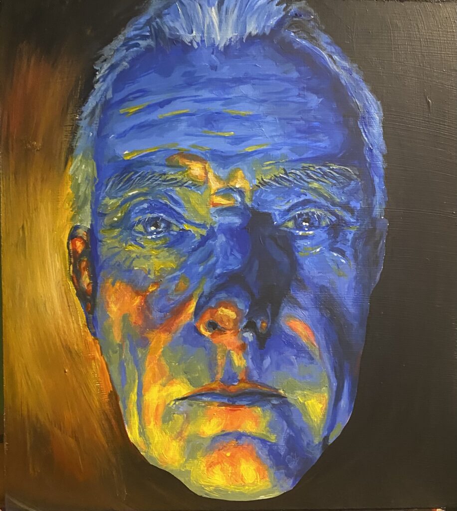 An acrylic painting of an older man’s face lit with blue and orange tones.